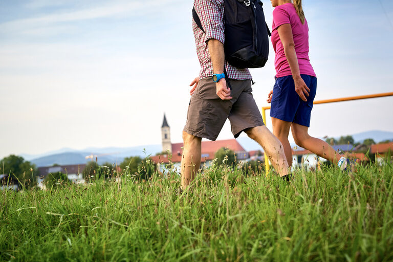 Zwei Personen spazieren mit Rucksäcken durch die weite Graslandschaft im Bayerischen Wald.